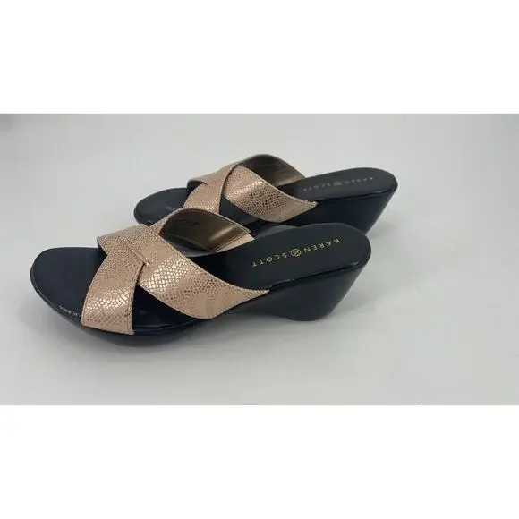 Karen Scott Strappy Sandals Size 10 M Gold Metallic Low Wedge Heel Shoes - Picture 7 of 8